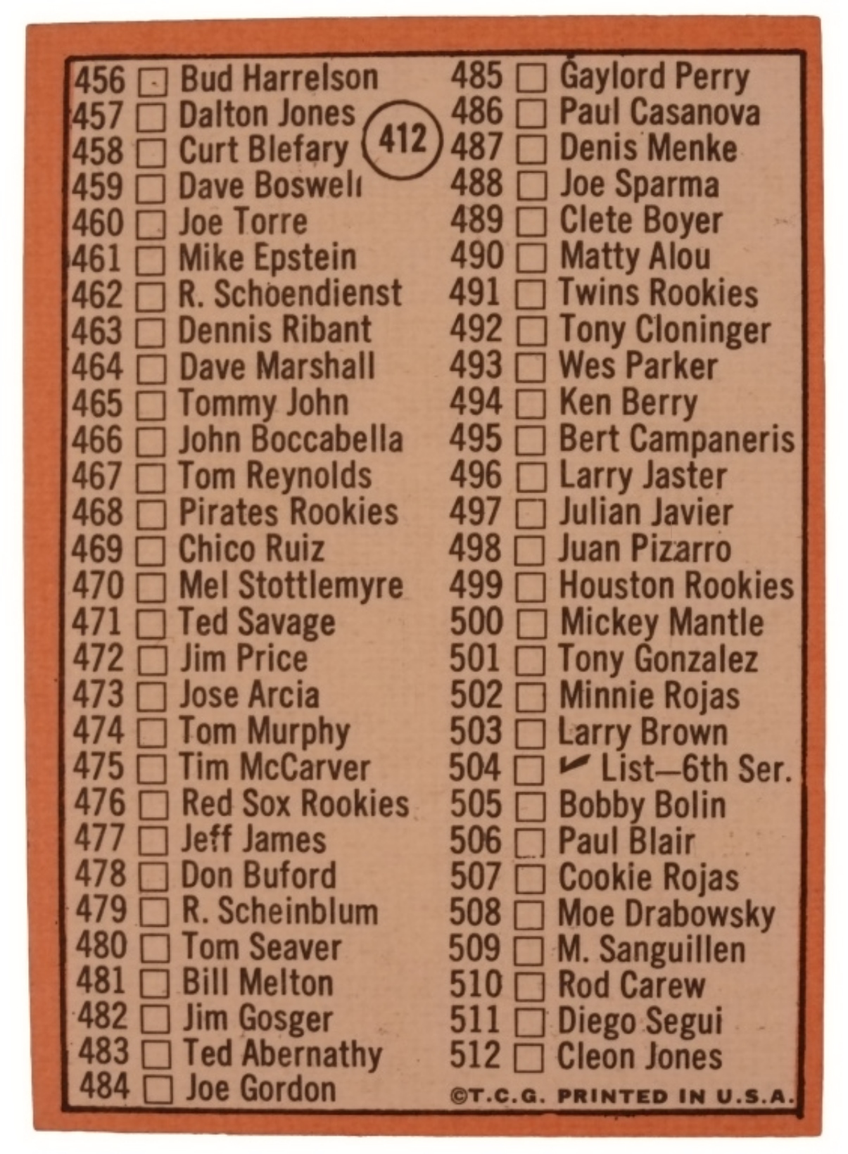 1969 Topps #412 Mantle Checklist
