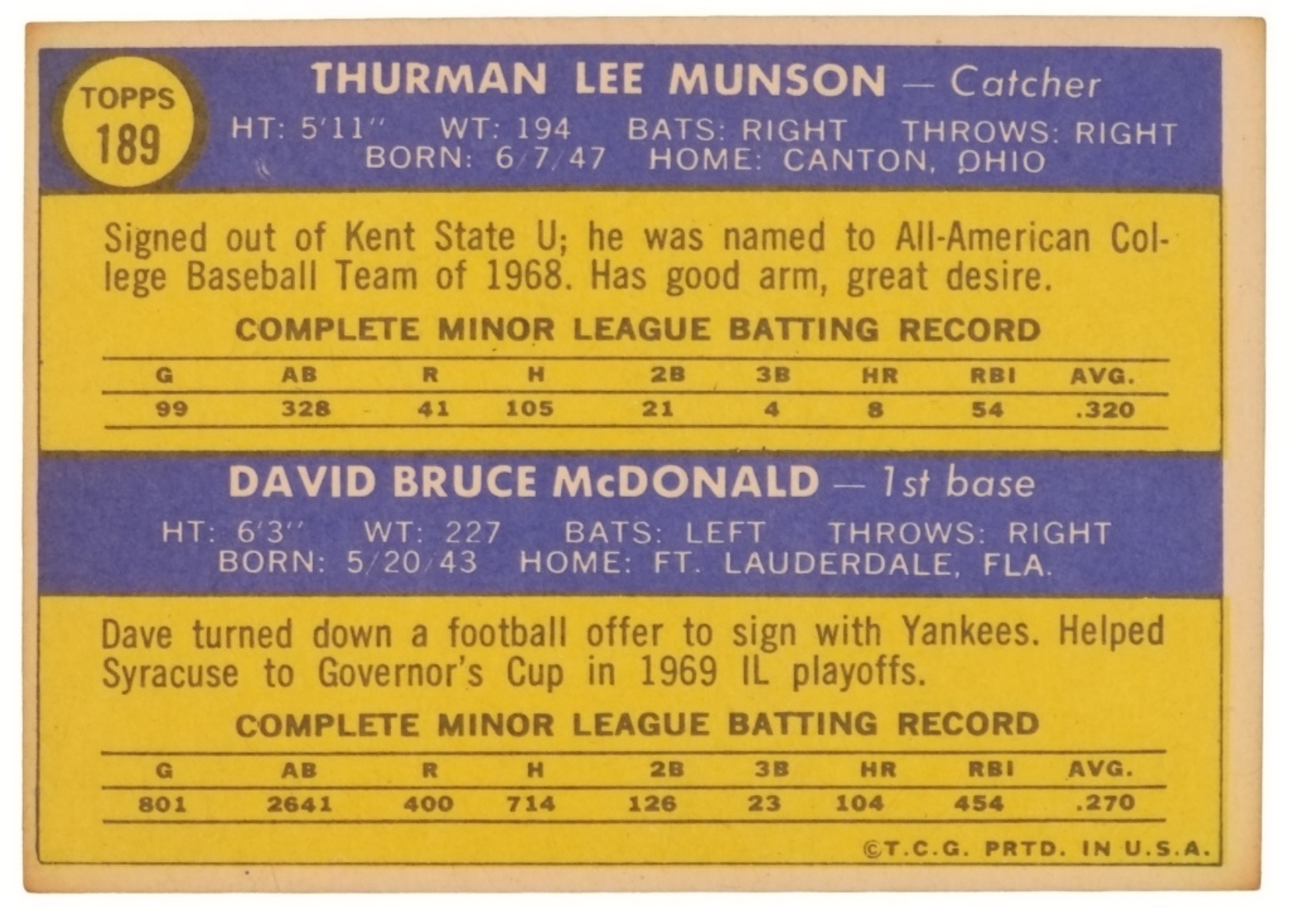 1970 Topps #189 Thurman Munson Rookie
