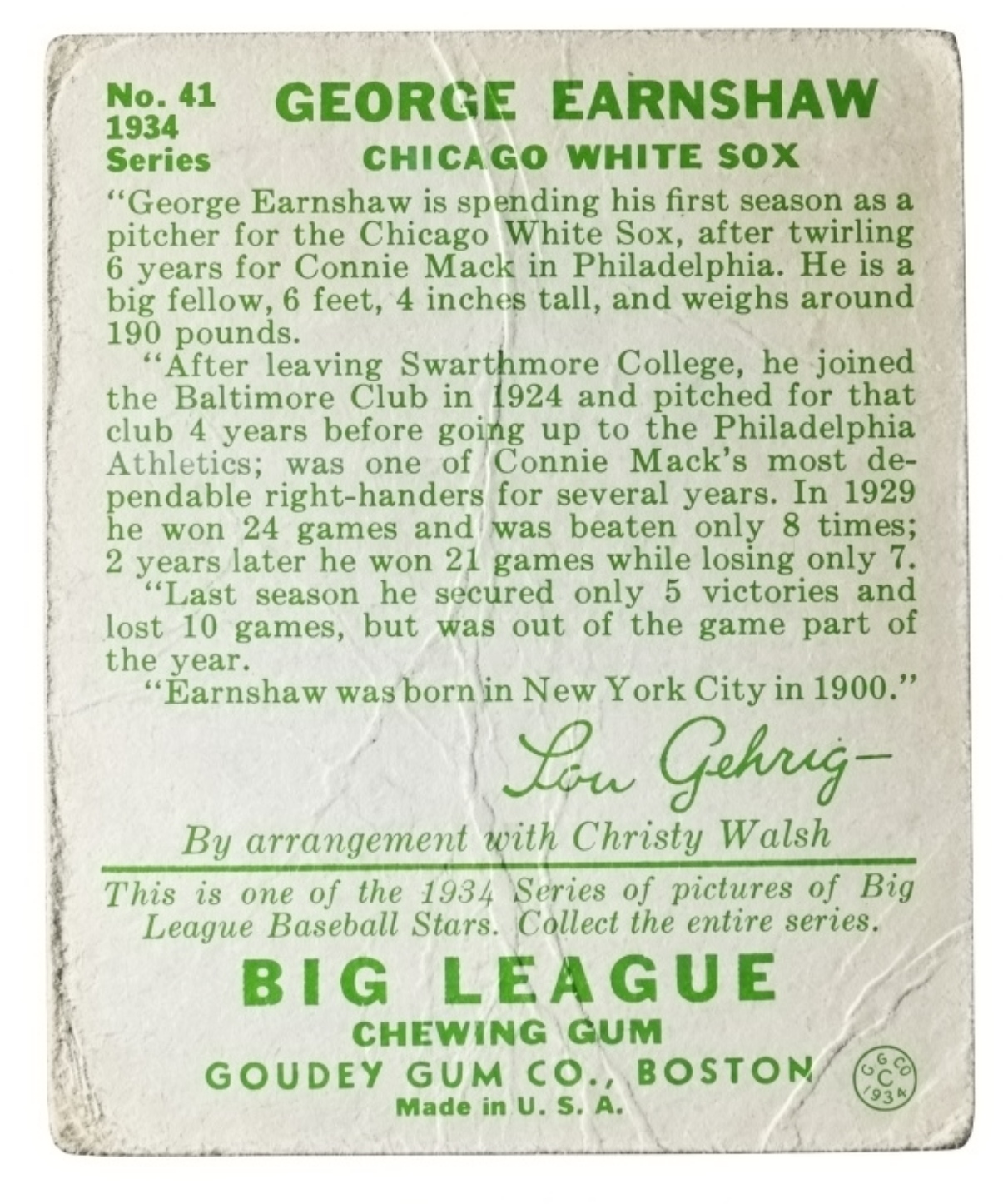1934 Goudey George Earnshaw Rookie