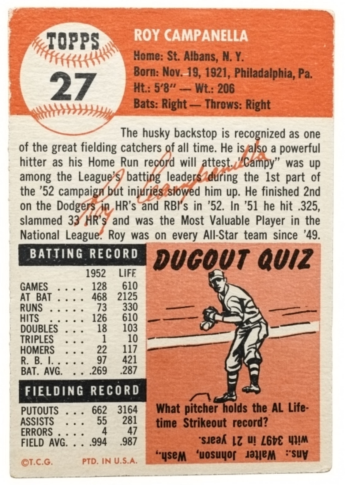 1953 Topps #27 Roy Campanella Dodgers