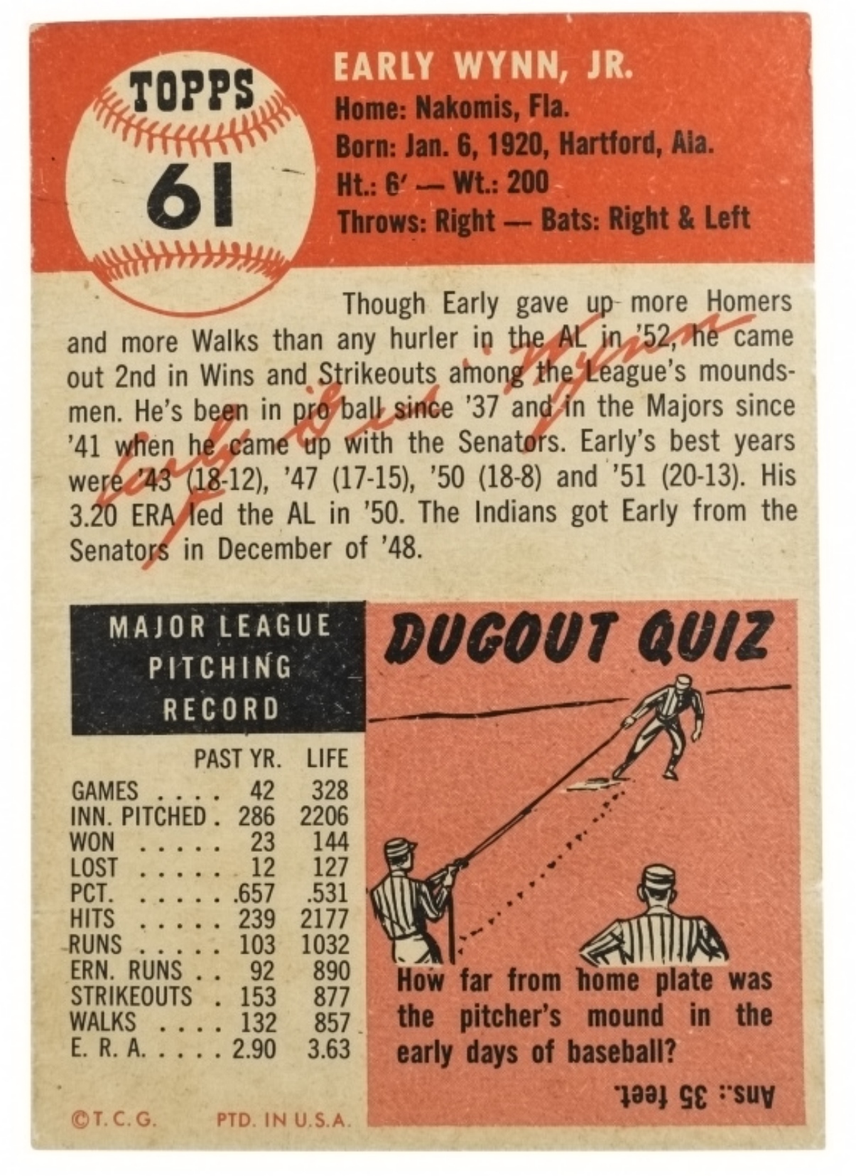 1953 Topps #61 Early Wynn