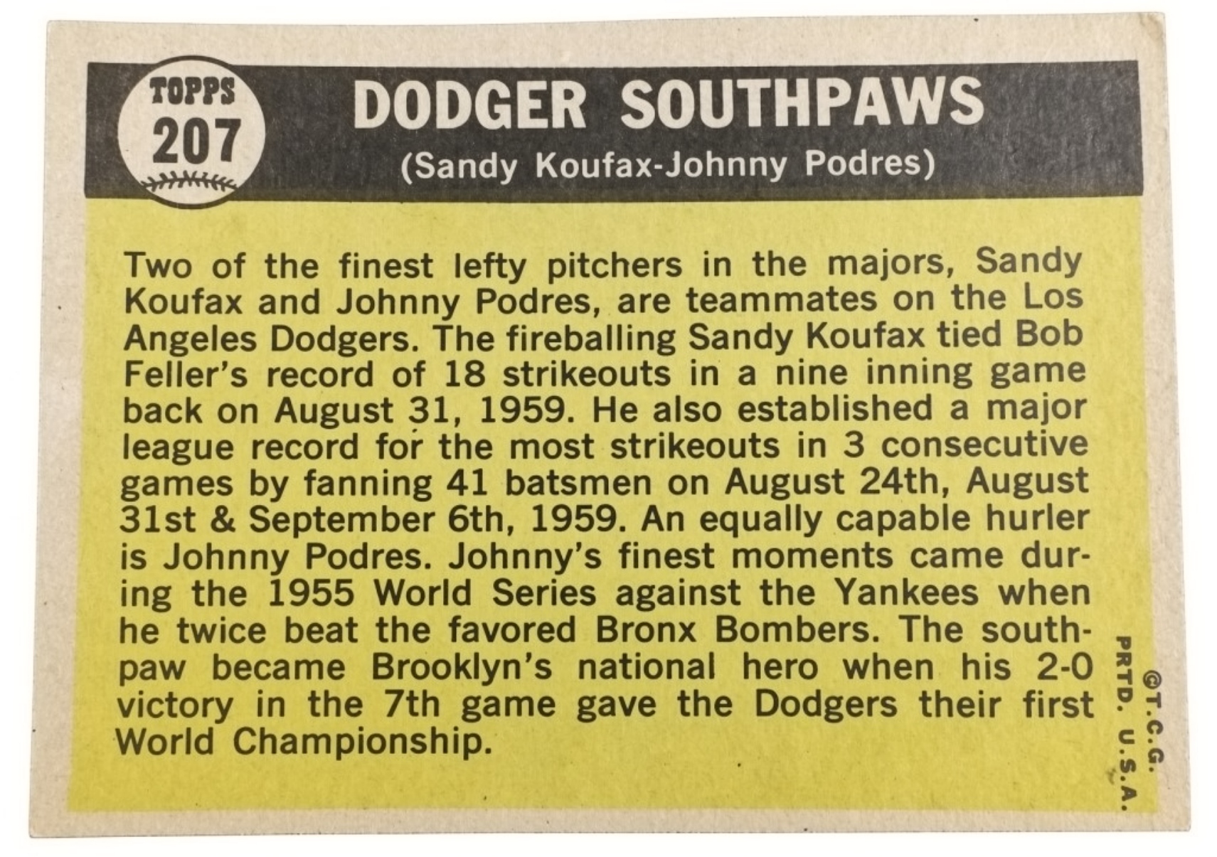 1961 Topps #207 Dodger Southpaws Koufax