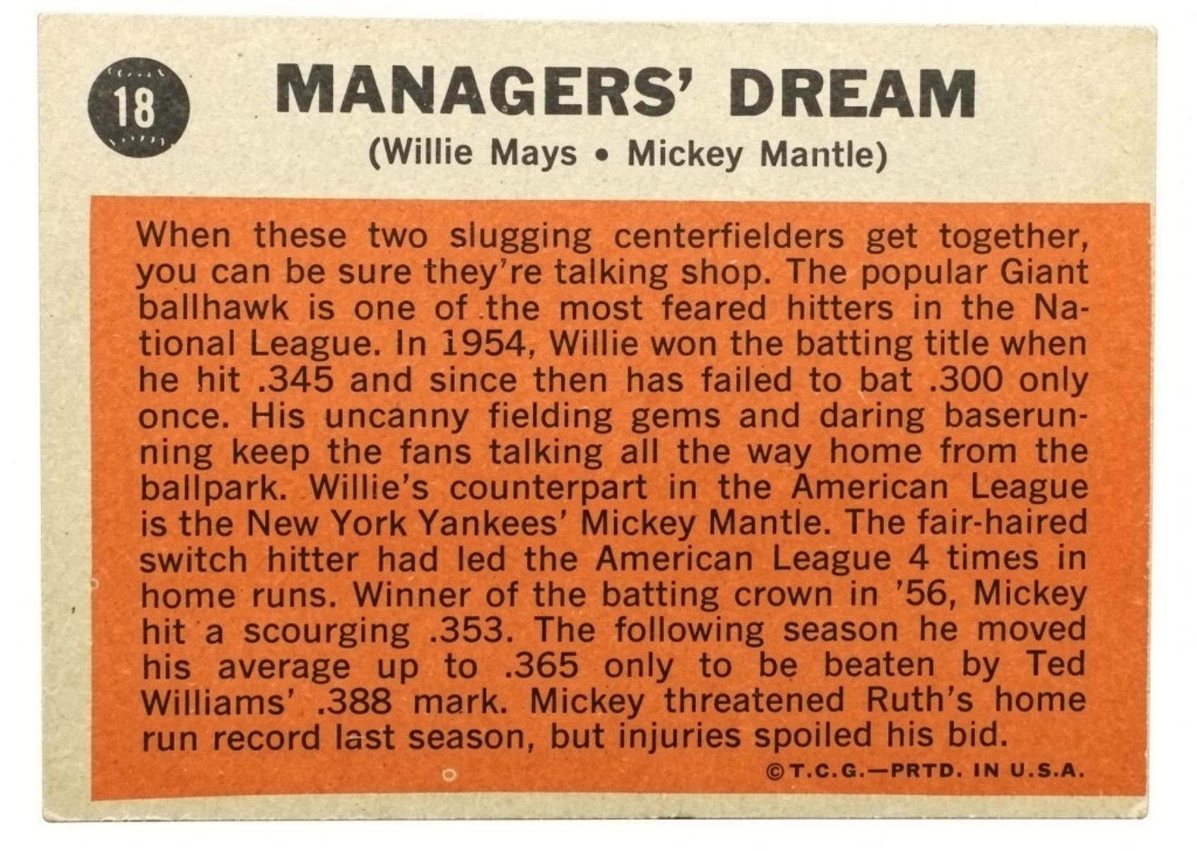 1962 Topps #18 Managers' Dream Mantle & Mays