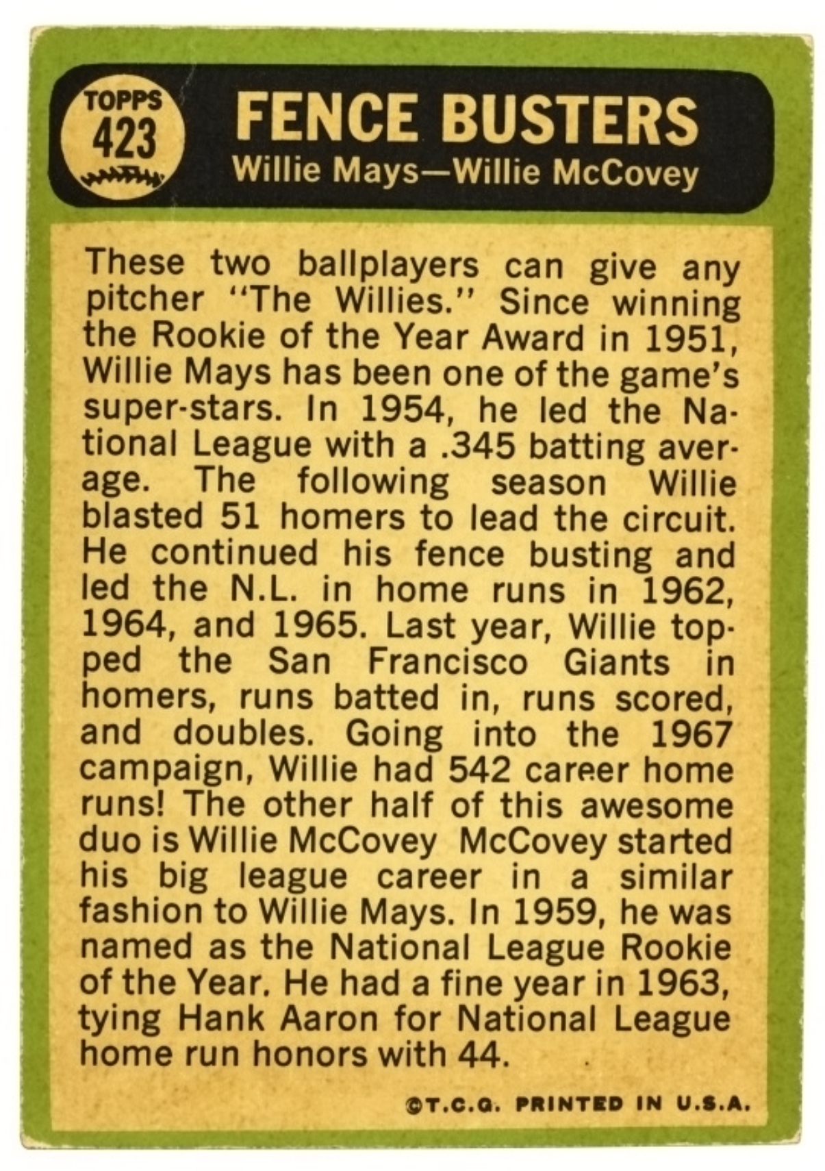 1967 TOPPS #423 Fence Busters Mays & McCovey