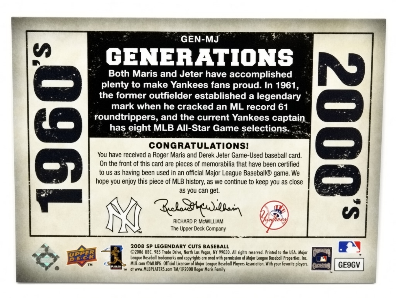 2008 Roger Maris Derek Jeter Game-Used Dual Card