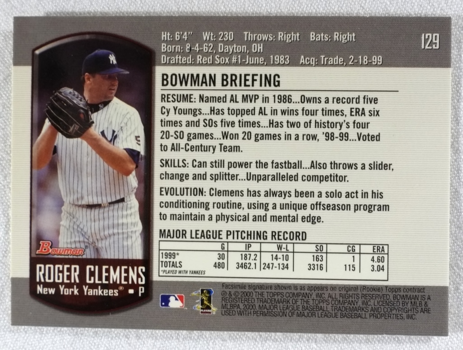 Bowman Autographed Roger Clemens Card