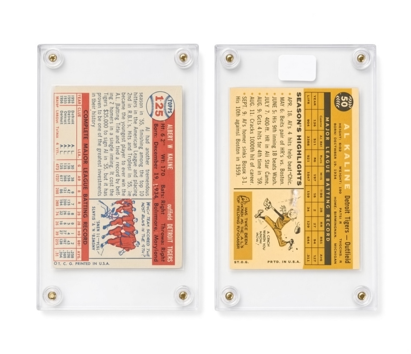 Al Kaline Signed Baseball Cards, Detroit Tigers