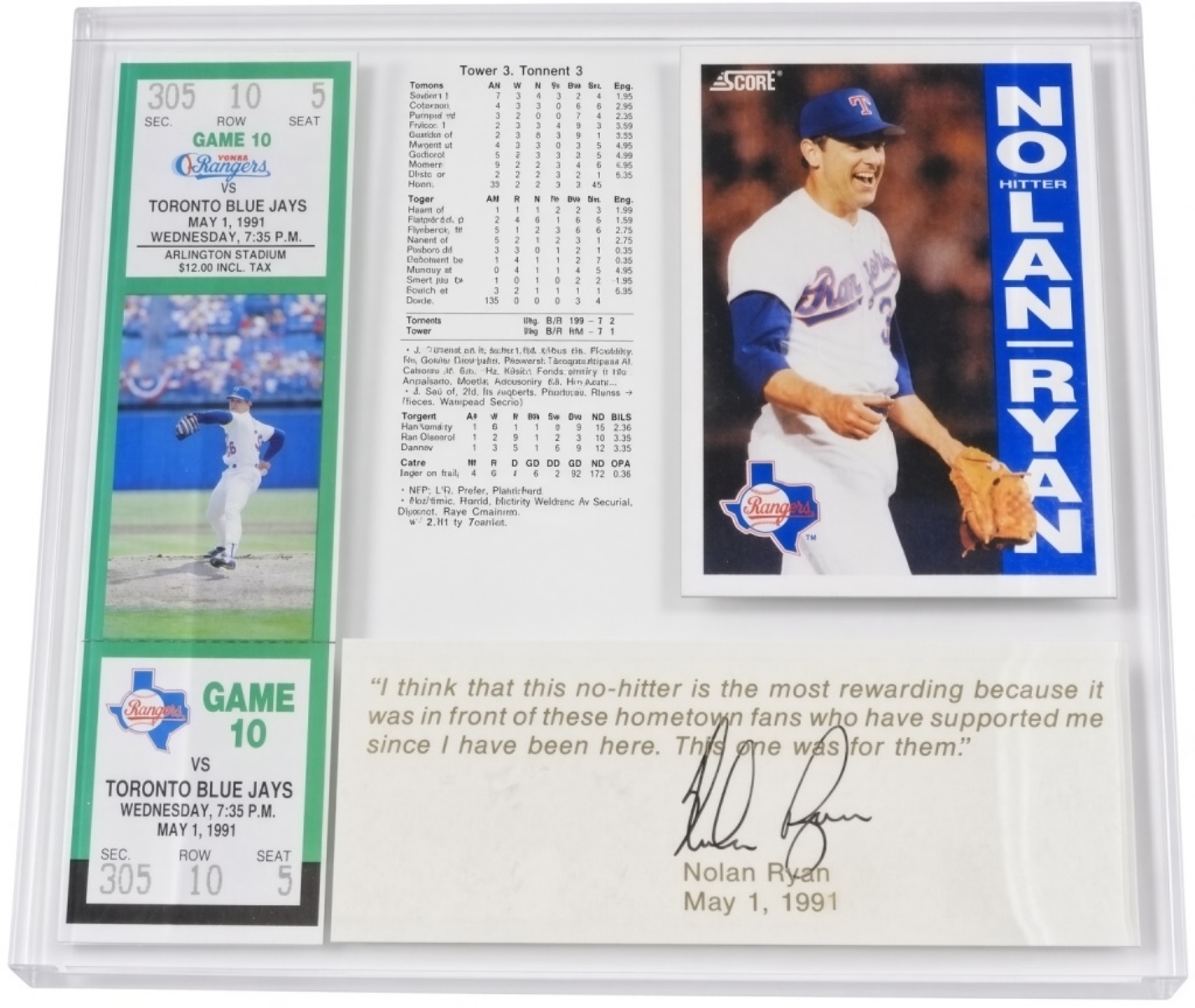 1991 Nolan Ryan No-Hitter Signed Ticket Display
