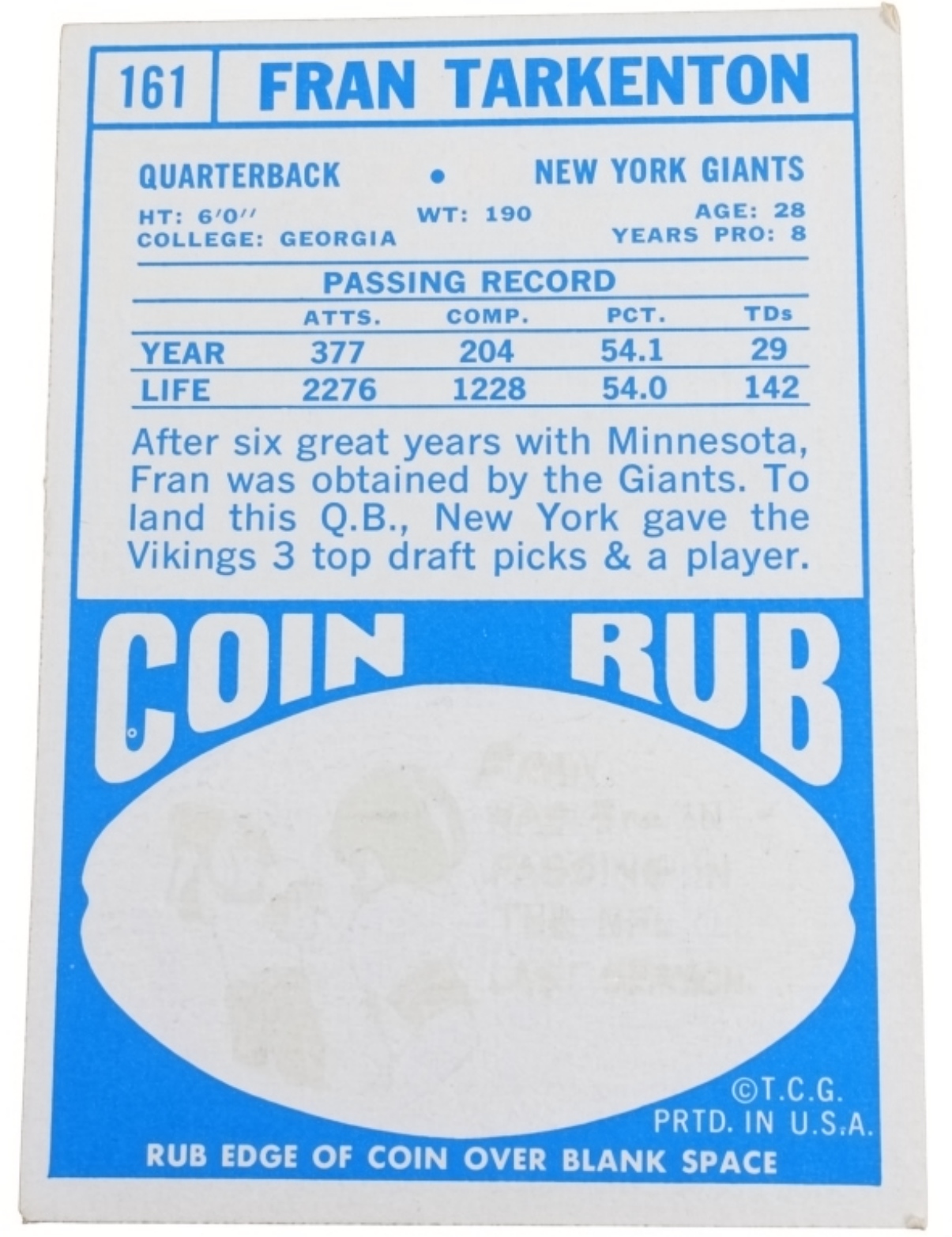 1968 Topps #161 Fran Tarkenton, NY Giants