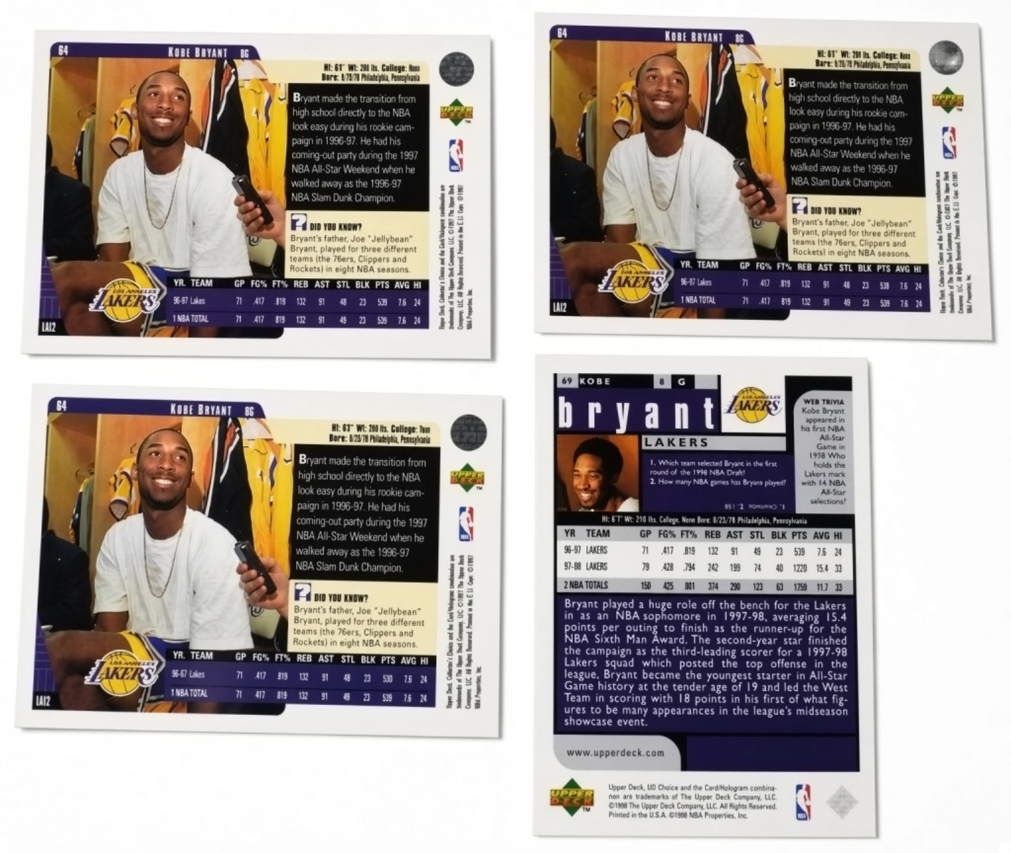 Kobe Bryant Upper Deck Trading Cards Lot (4 cards)