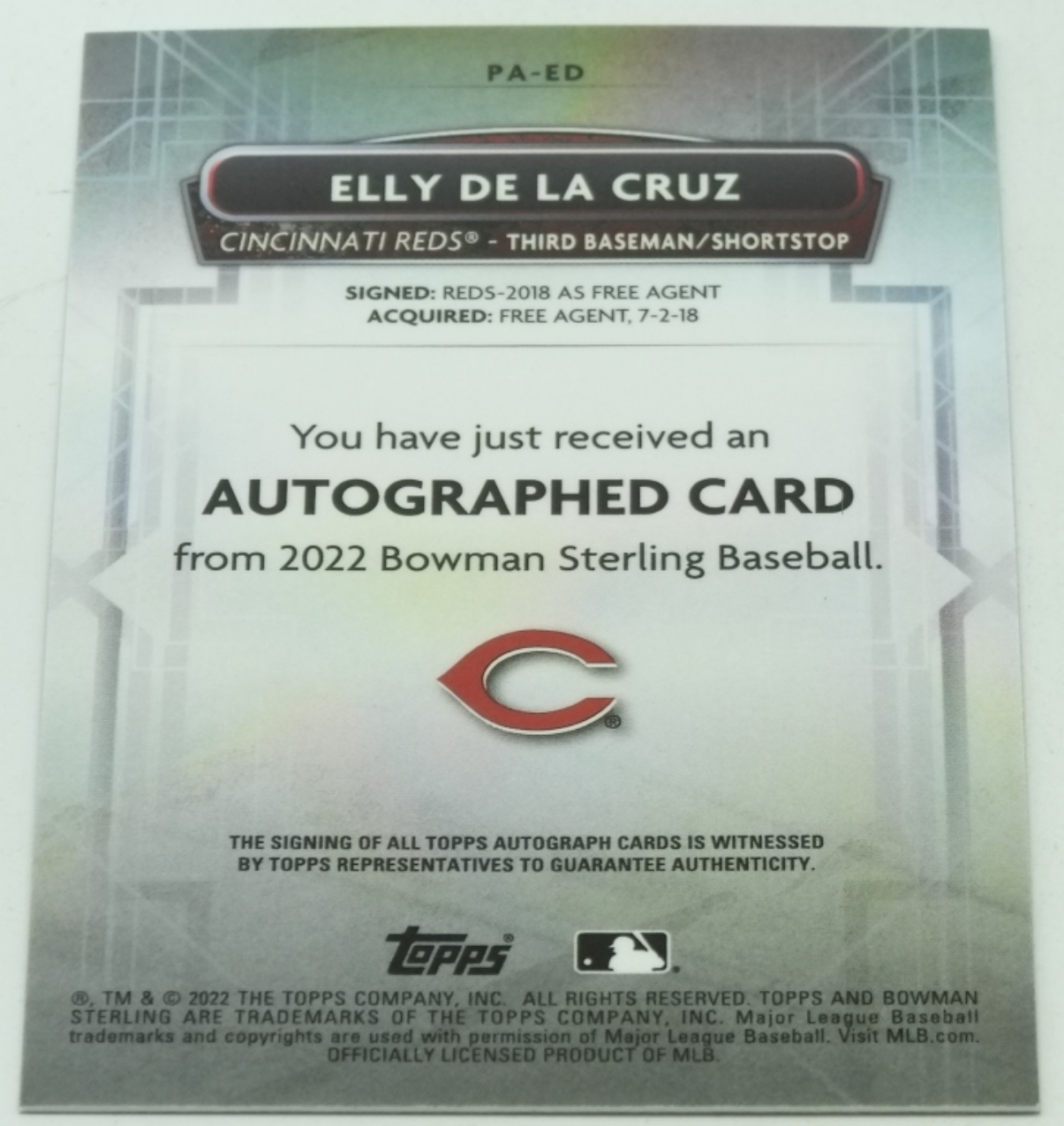 2022 Elly De La Cruz Signed Bowman Sterling Rookie