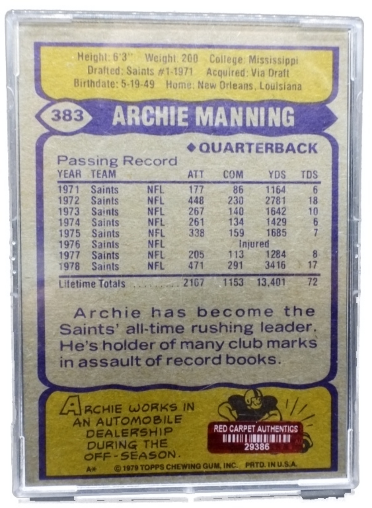 1979 Archie Manning Signed Card #383