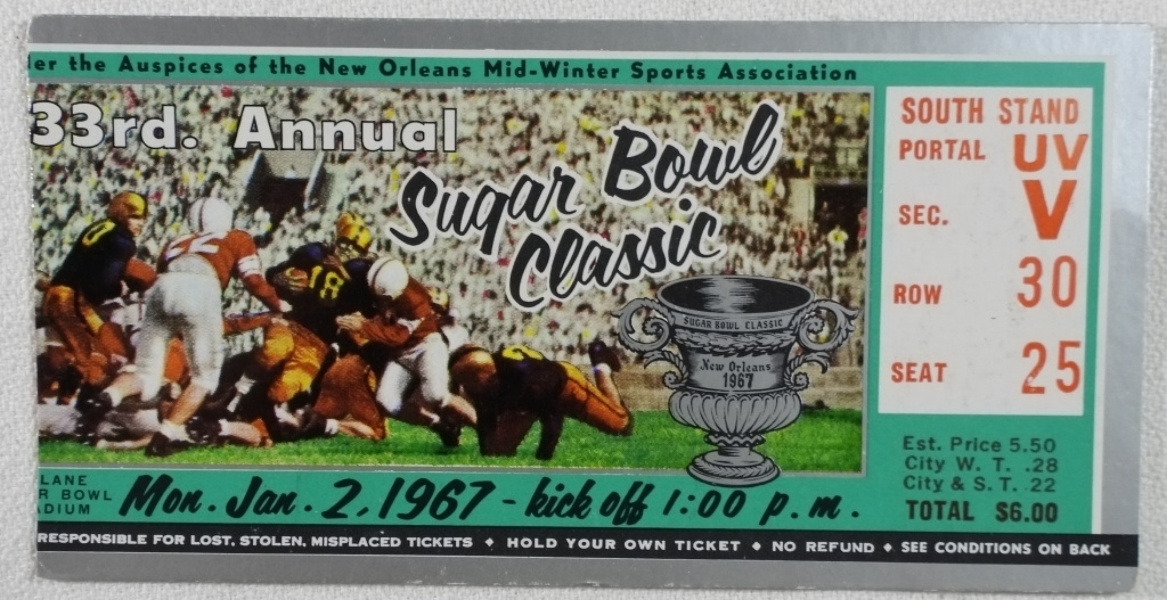 1967 Sugar Bowl Classic Ticket Stub