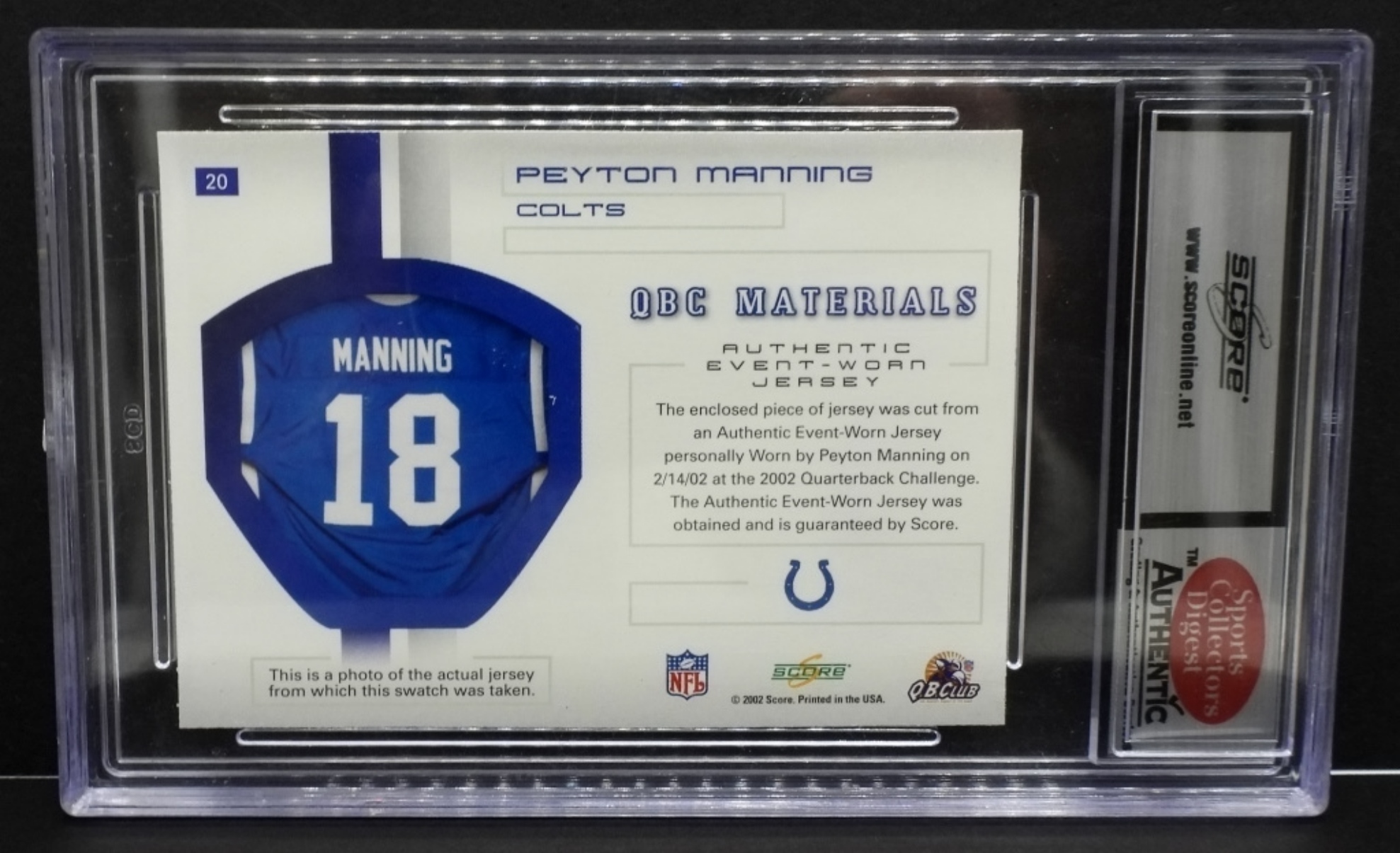 2002 Score QBC Materials #20 Peyton Manning