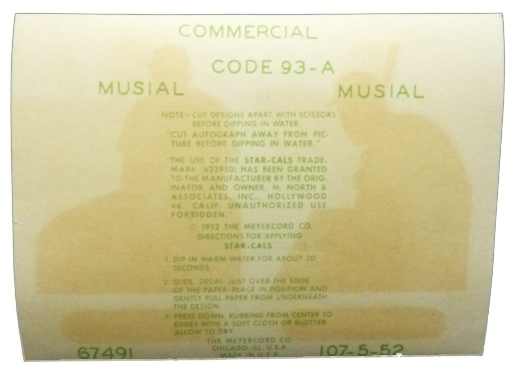 1952 Stan Musial Star-Cal Decals Code 93-A