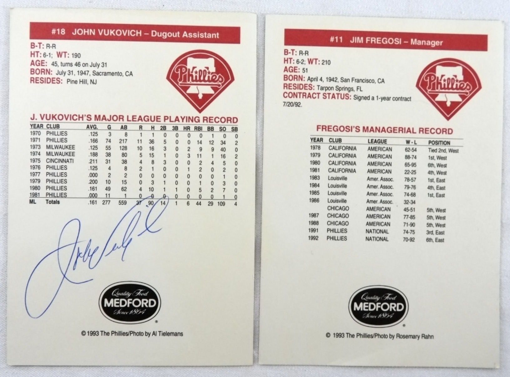 1993 Phillies Vukovich & Fregosi Signed Cards
