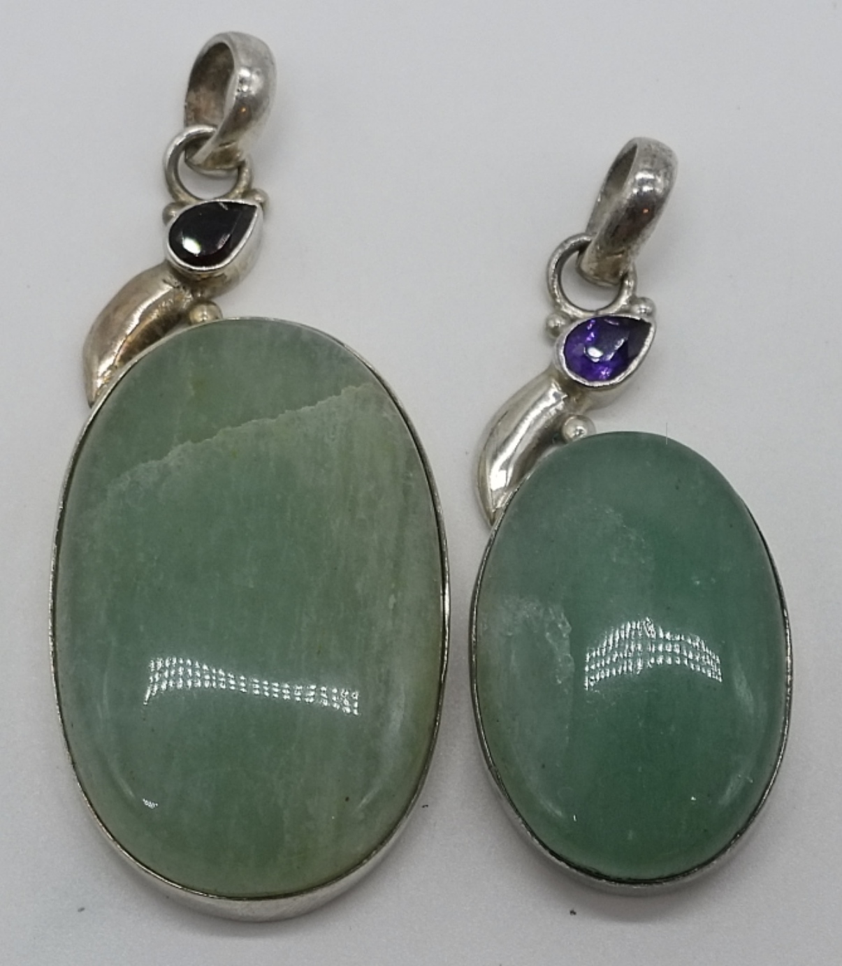 Green Amazonite Pendant Pair, Garnet & Amethyst