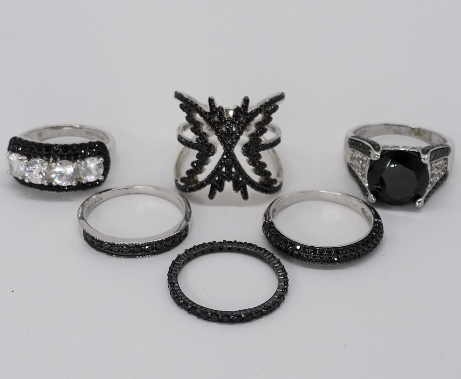 Six Sterling Black Spinel Rings