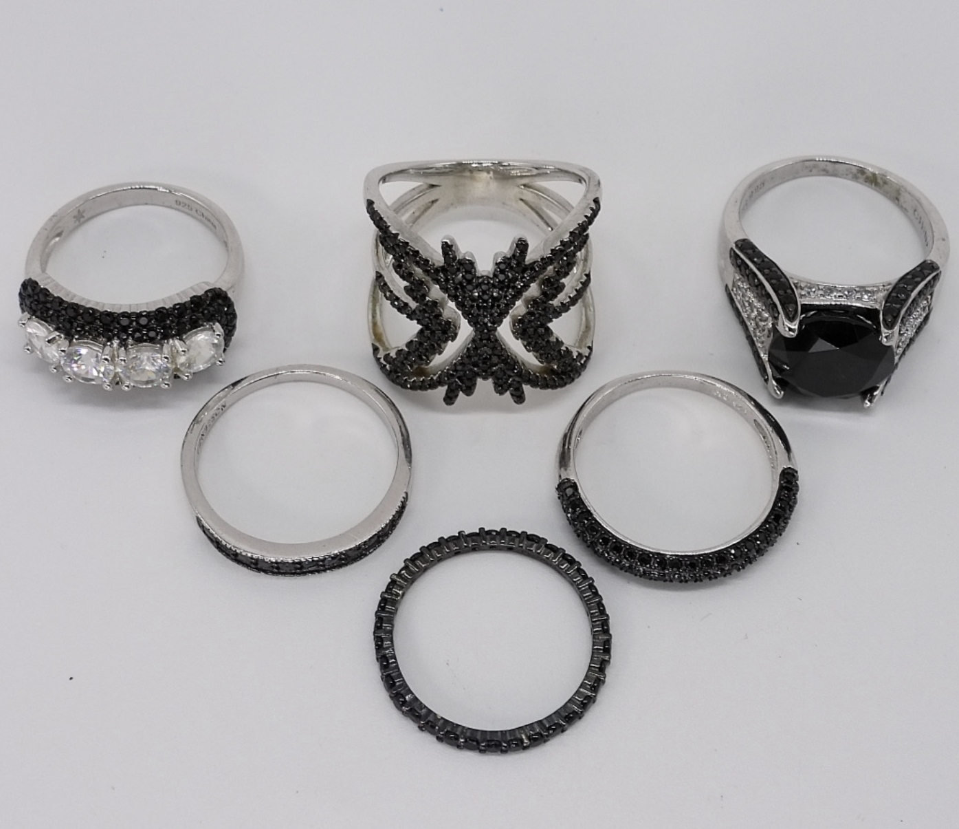 Six Sterling Black Spinel Rings