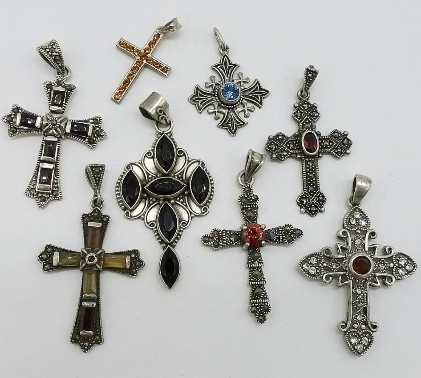 8 Sterling Cross Pendants with Gemstones