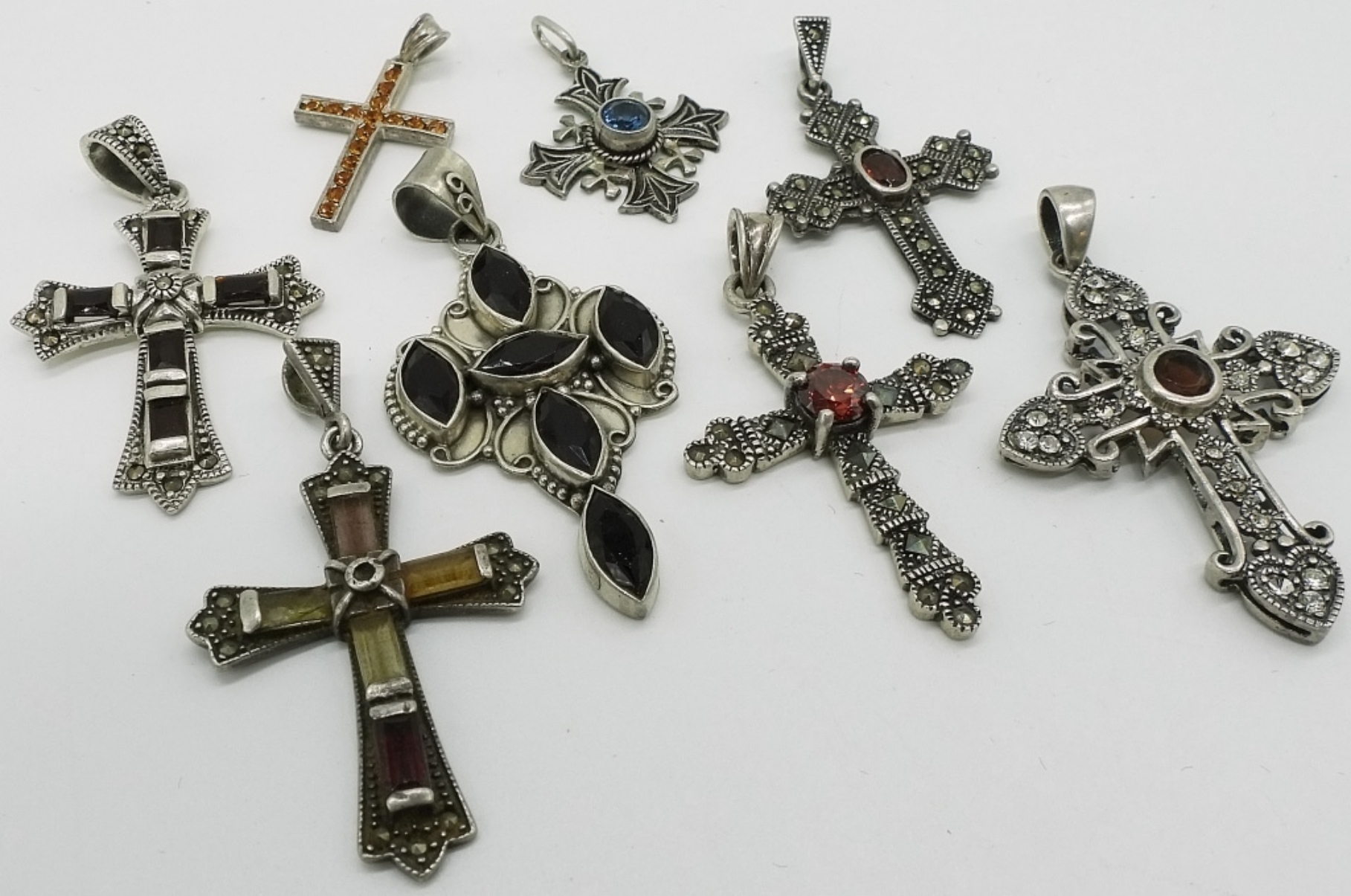 8 Sterling Cross Pendants with Gemstones