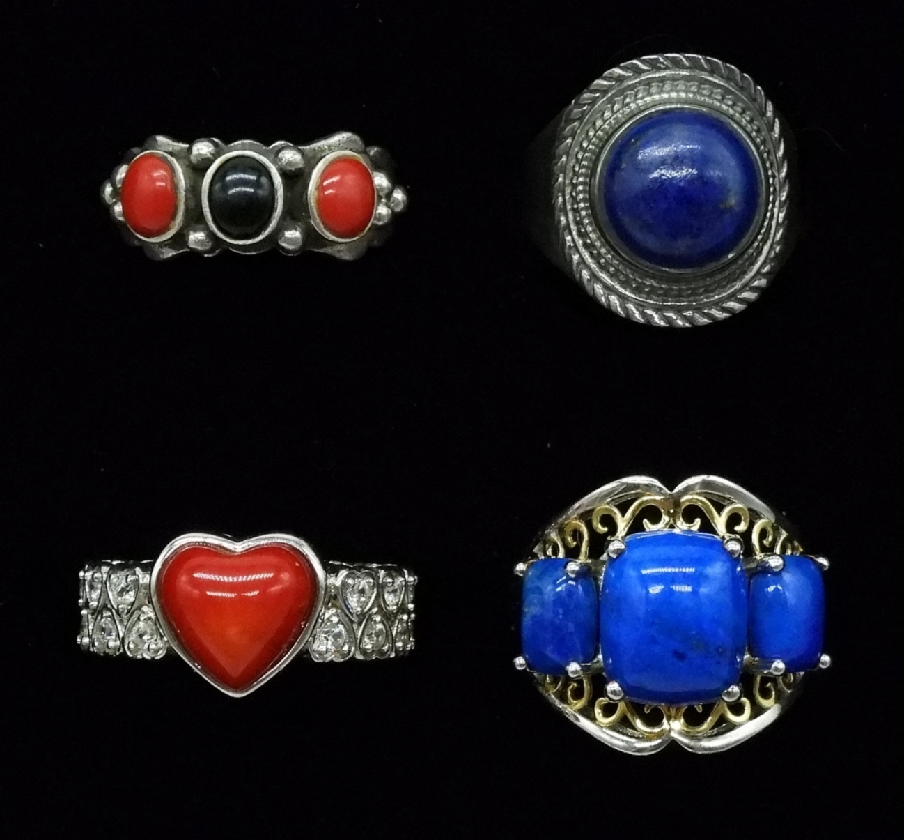 Four Sterling Rings, Red & Blue Gemstones