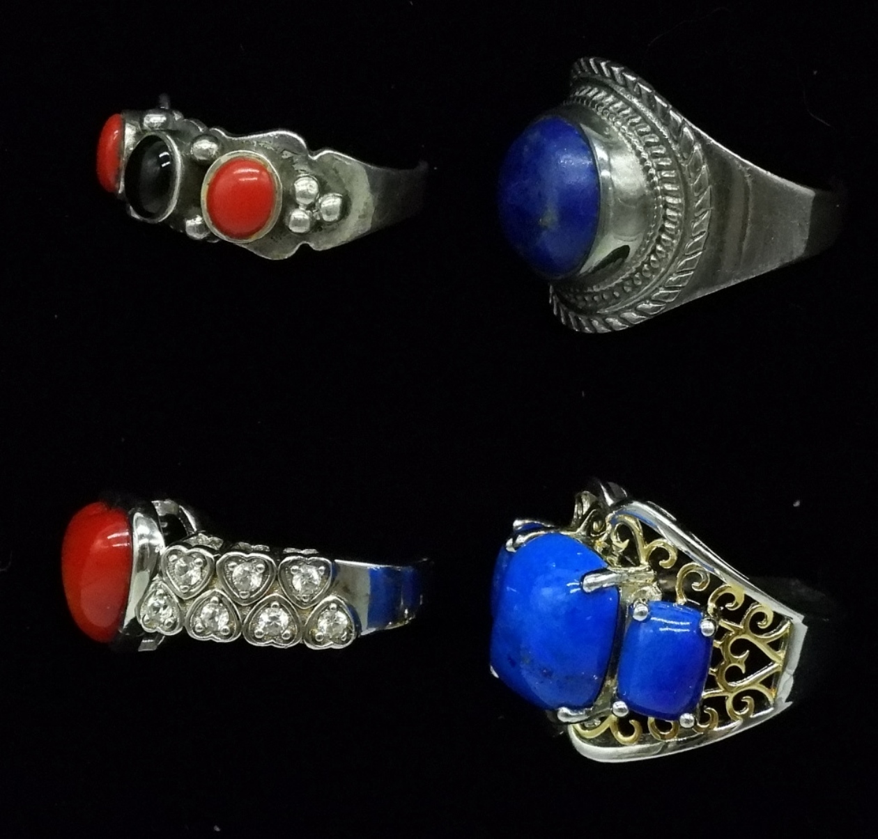 Four Sterling Rings, Red & Blue Gemstones