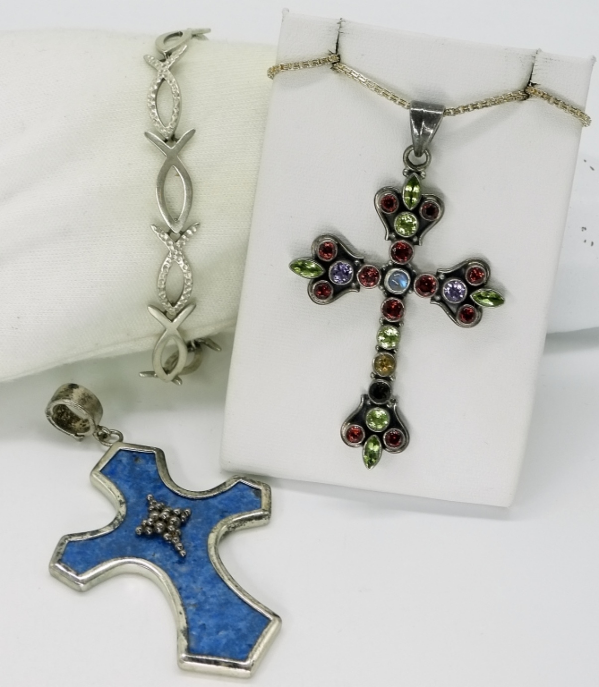 Sterling Gemstone Cross Pendants & Bracelet