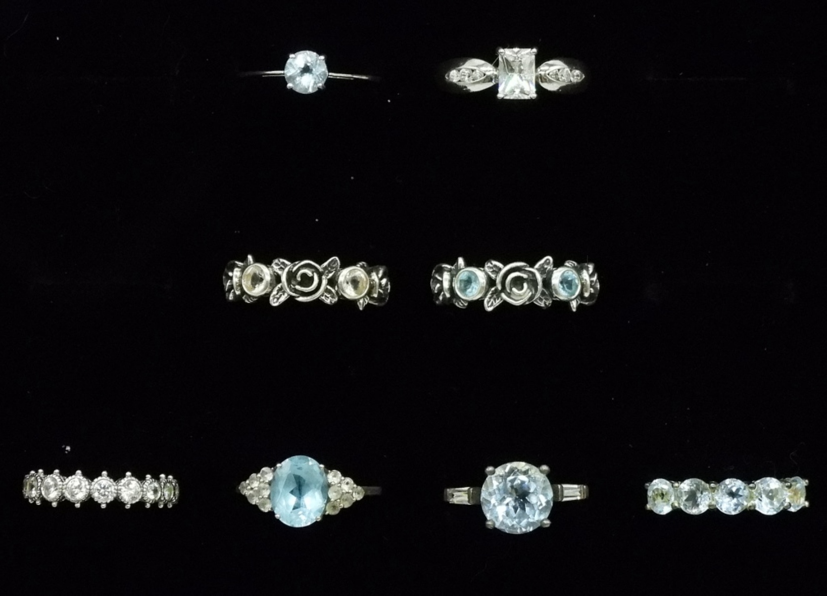 8 Sterling Rings with Blue Topaz Gemstones