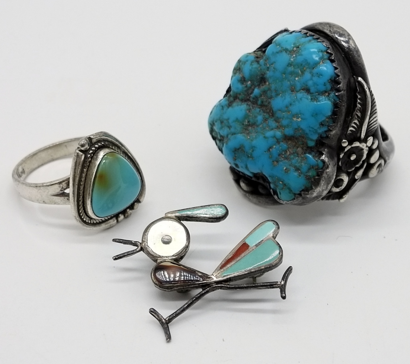 Sterling Turquoise Ring Lot &Zuni Pin