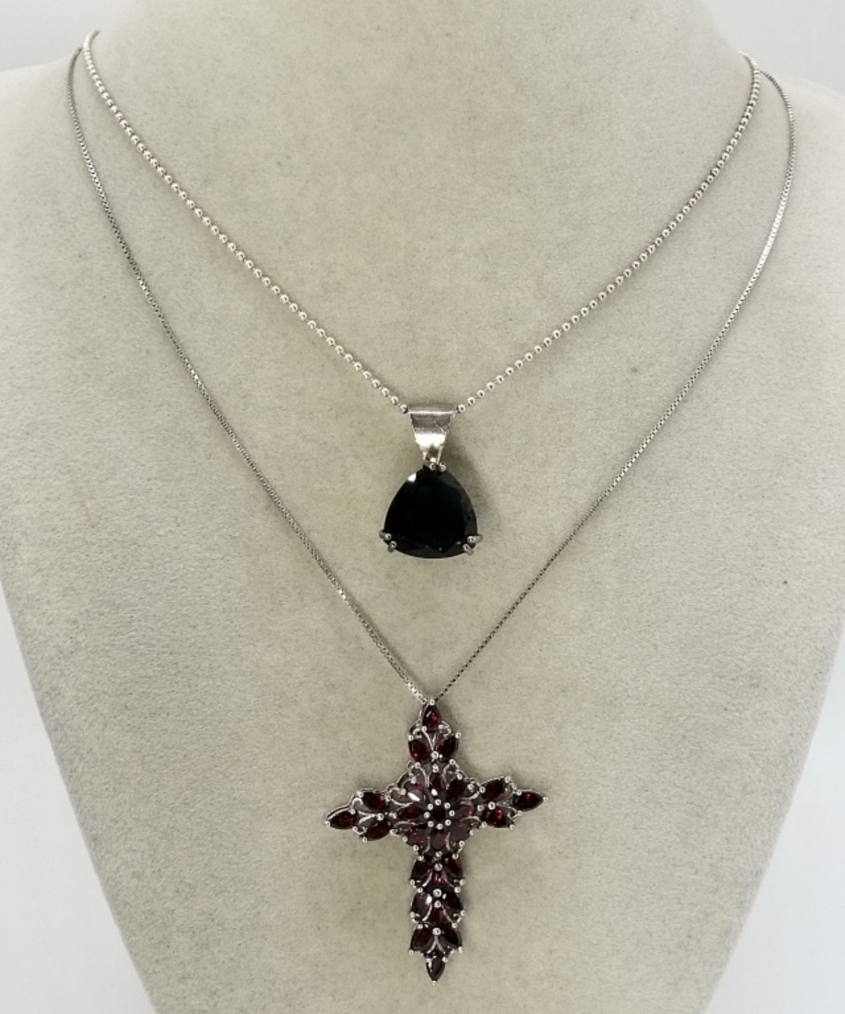 Sterling Garnet Cross & Black Stone Necklace