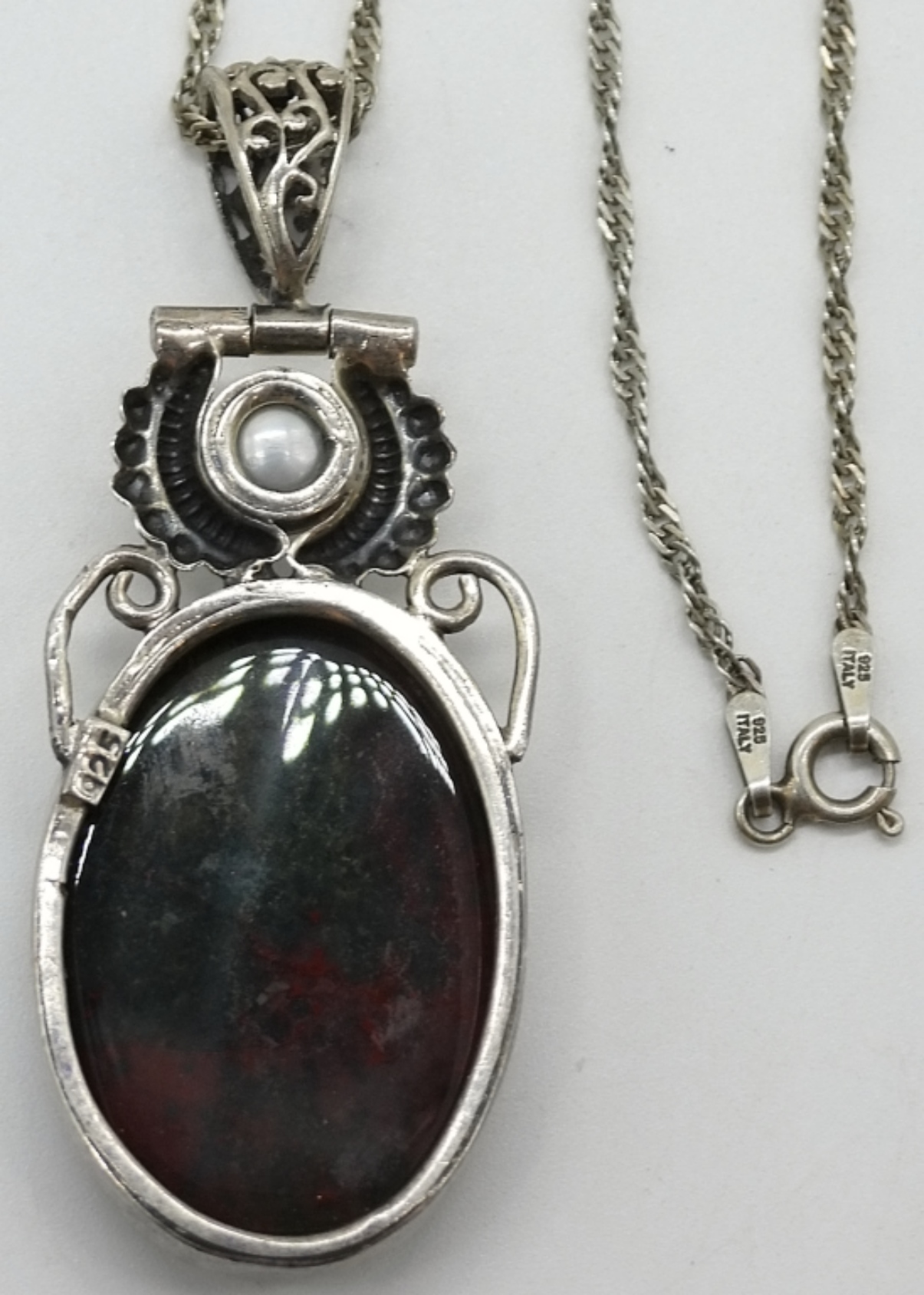Sterling Bloodstone Pendant & Cat Brooch Lot