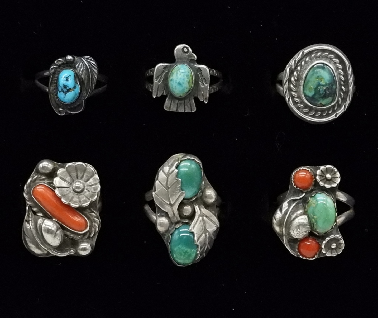 Southwest Sterling Ring Lot, Turquoise & Coral