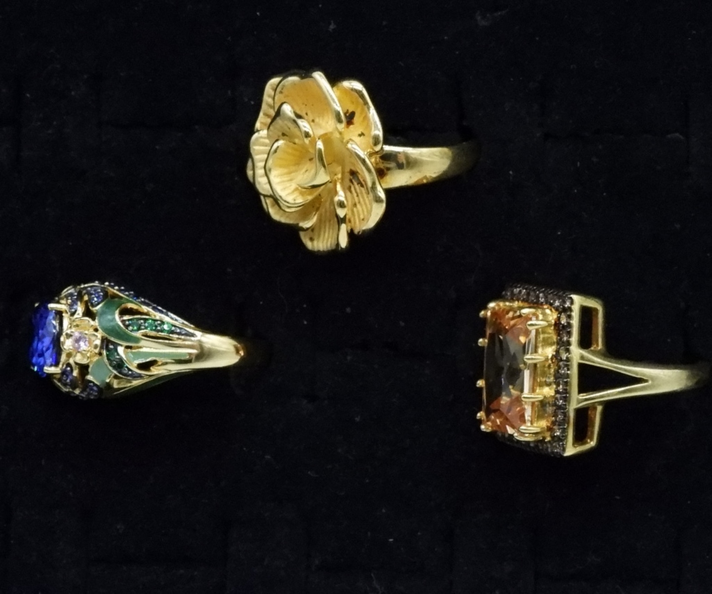 3 Gold-Tone Fashion Rings, Simulated Gemstones