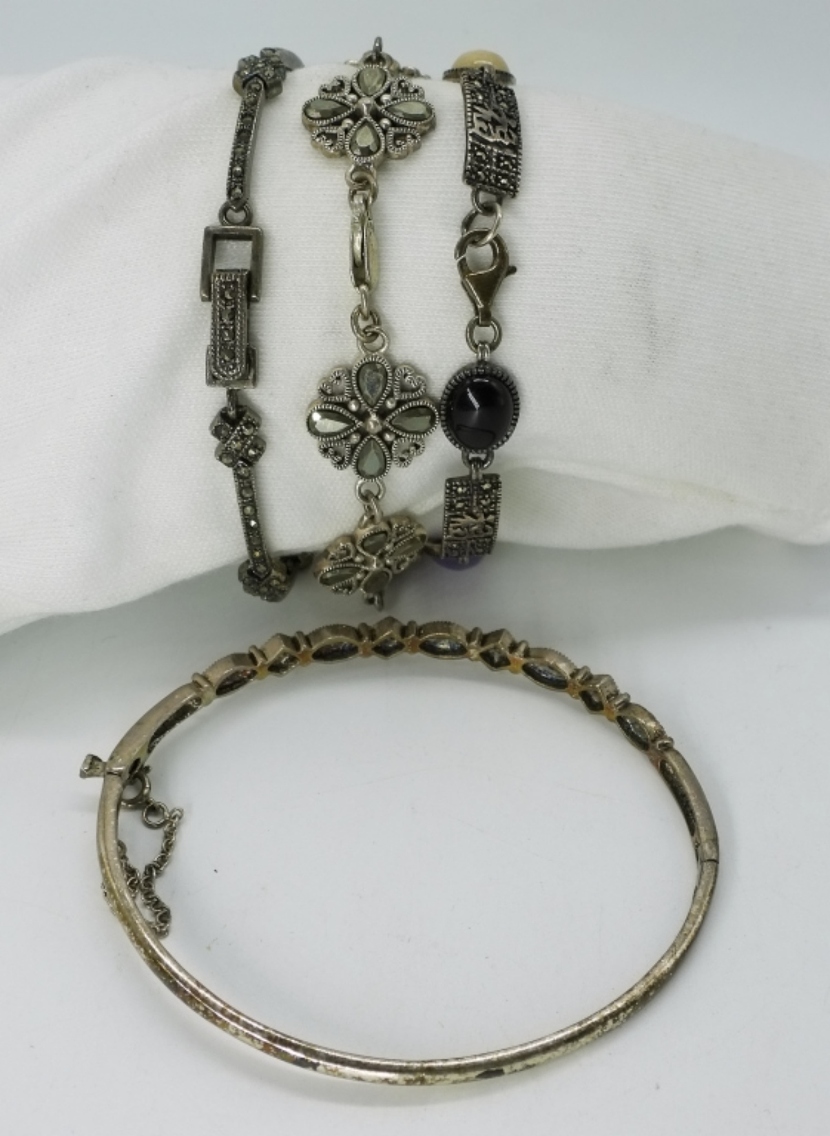 4 Sterling Marcasite & Gemstone Bracelets