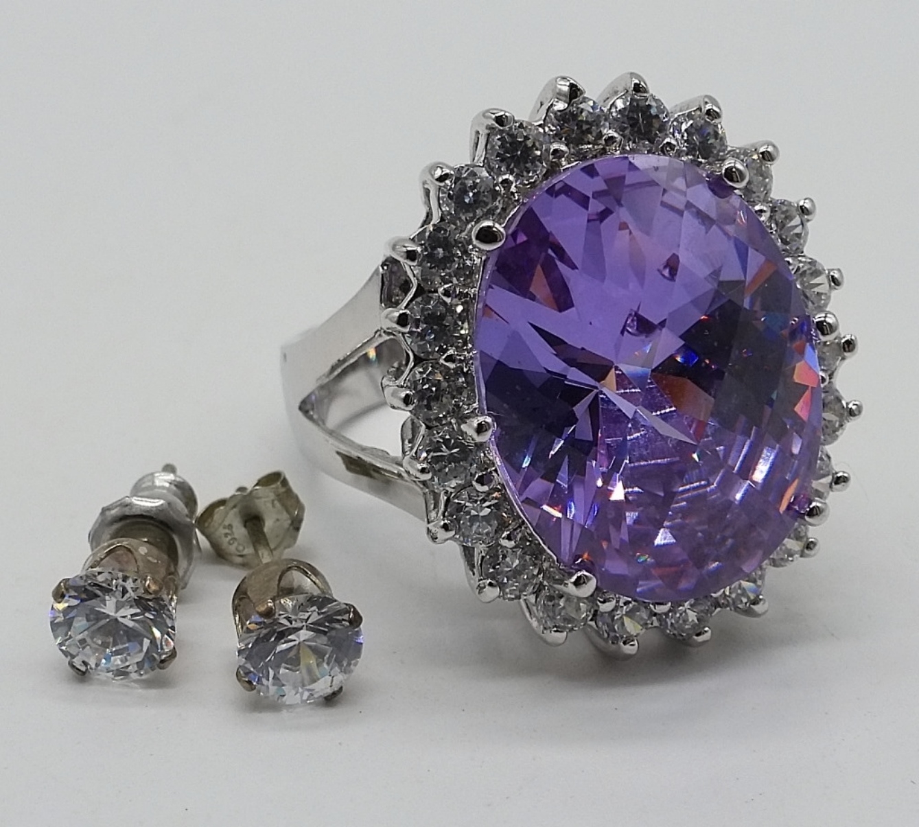 Pink CZ Ring & Stud Earrings - Sterling
