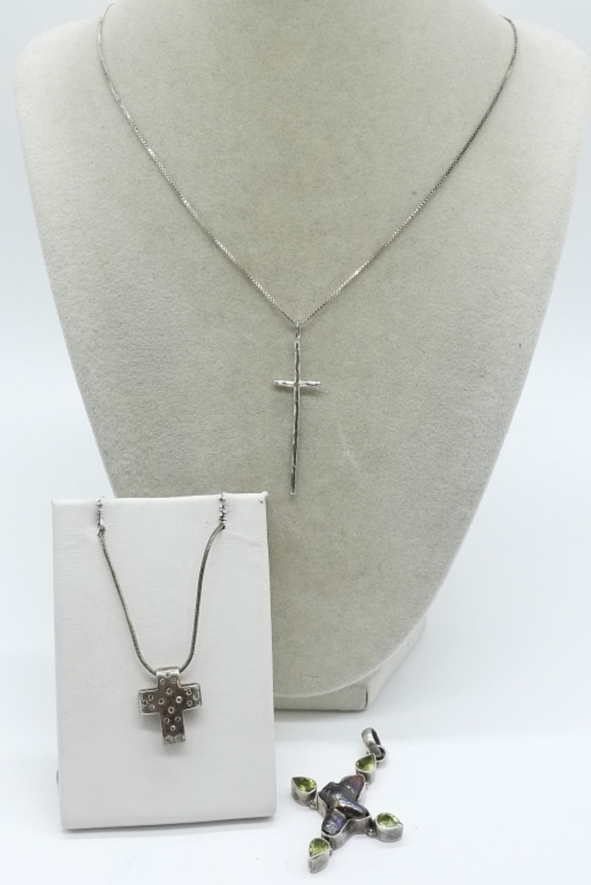 Three Sterling Cross Pendants, Two Chains