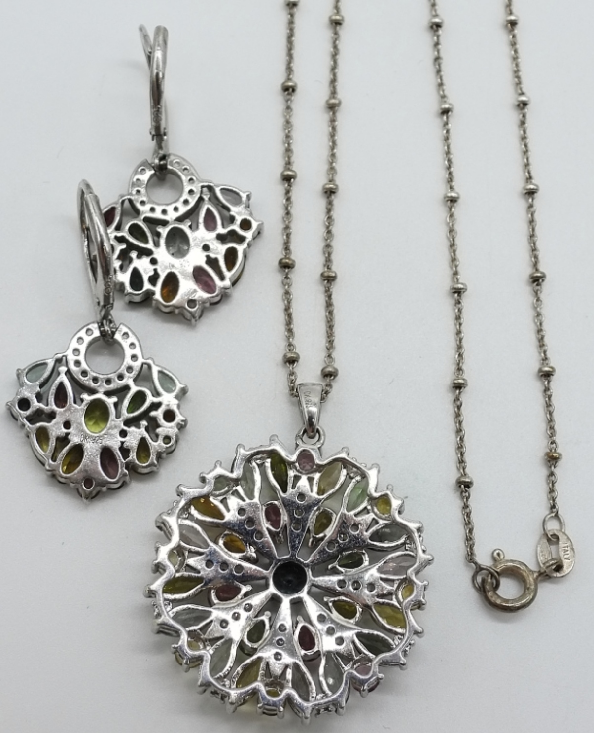 Matching Sterling Multi Stone Necklace & Earrings