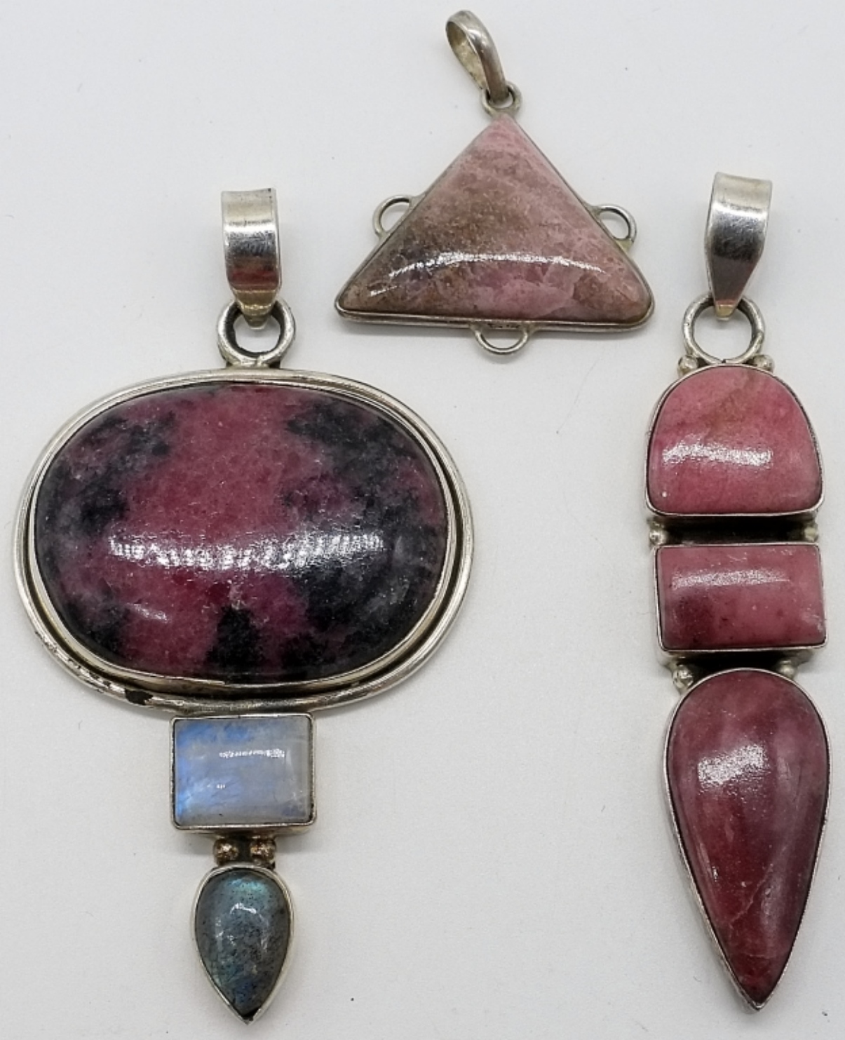 Sterling Rhodonite Pendant Lot, 3 Pcs