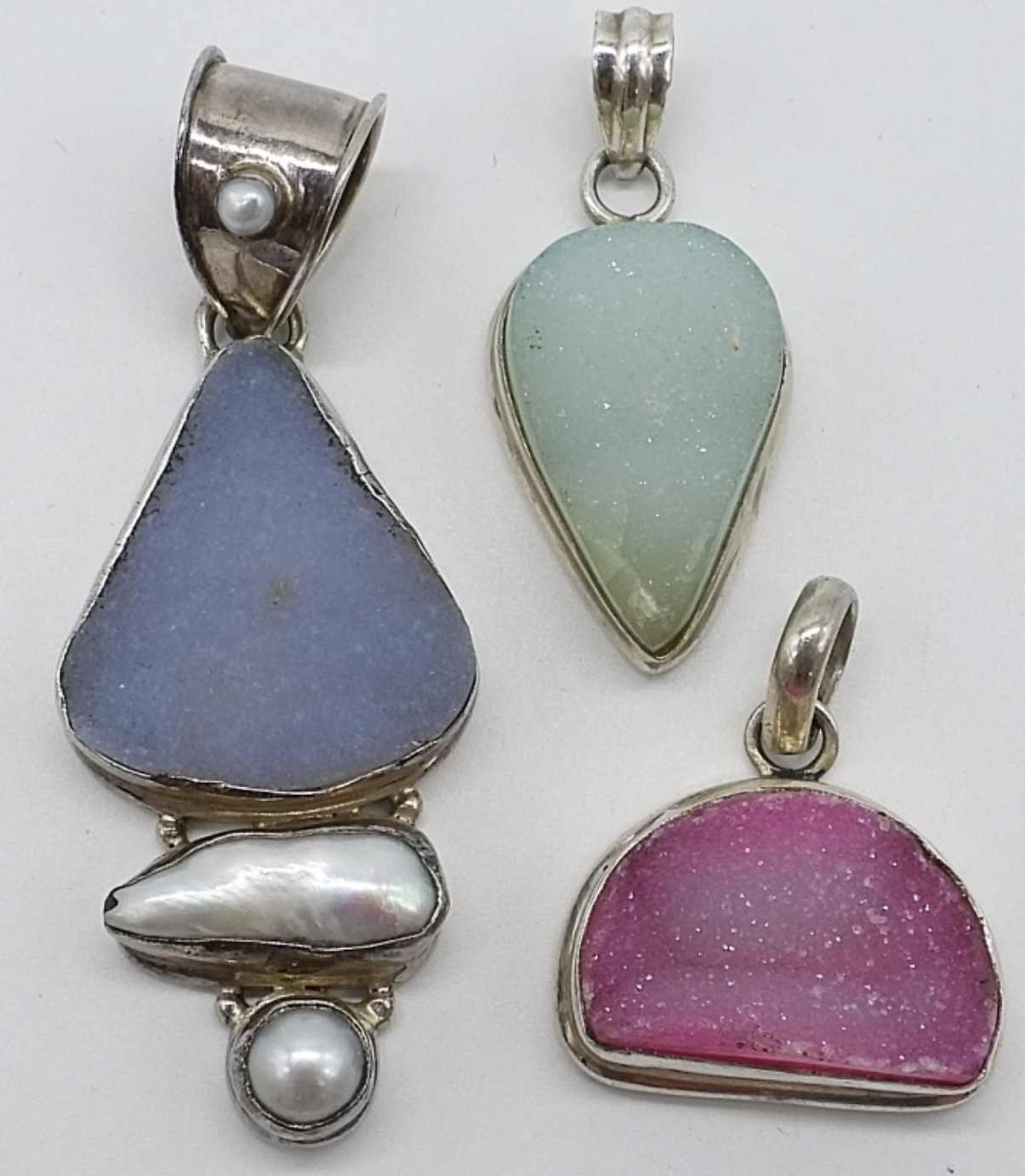 Sterling Silver Druzy Gemstone Pendants, 3 Pcs