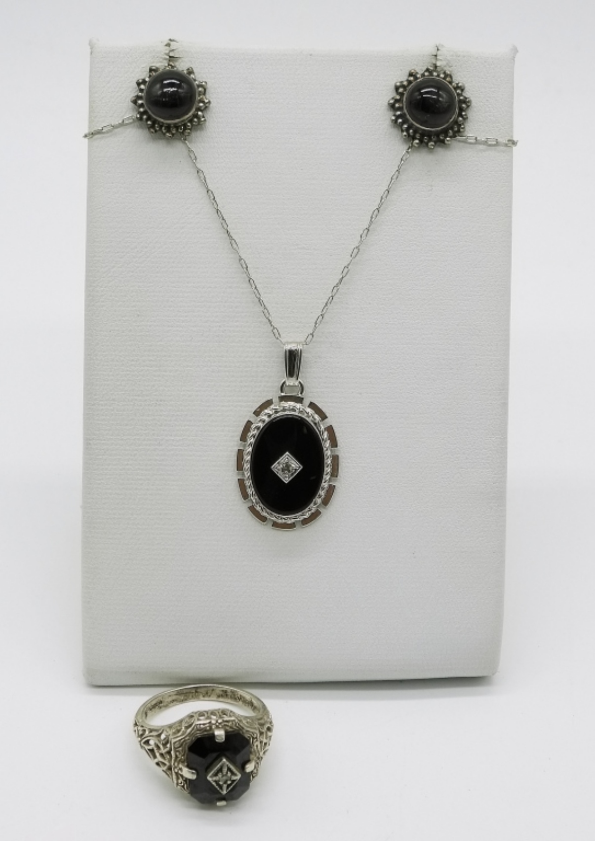 Sterling Onyx Necklace, Ring & Earrings Set