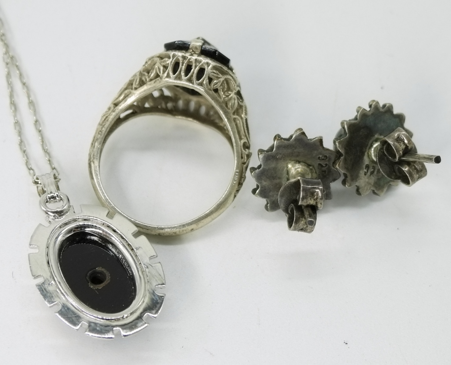 Sterling Onyx Necklace, Ring & Earrings Set