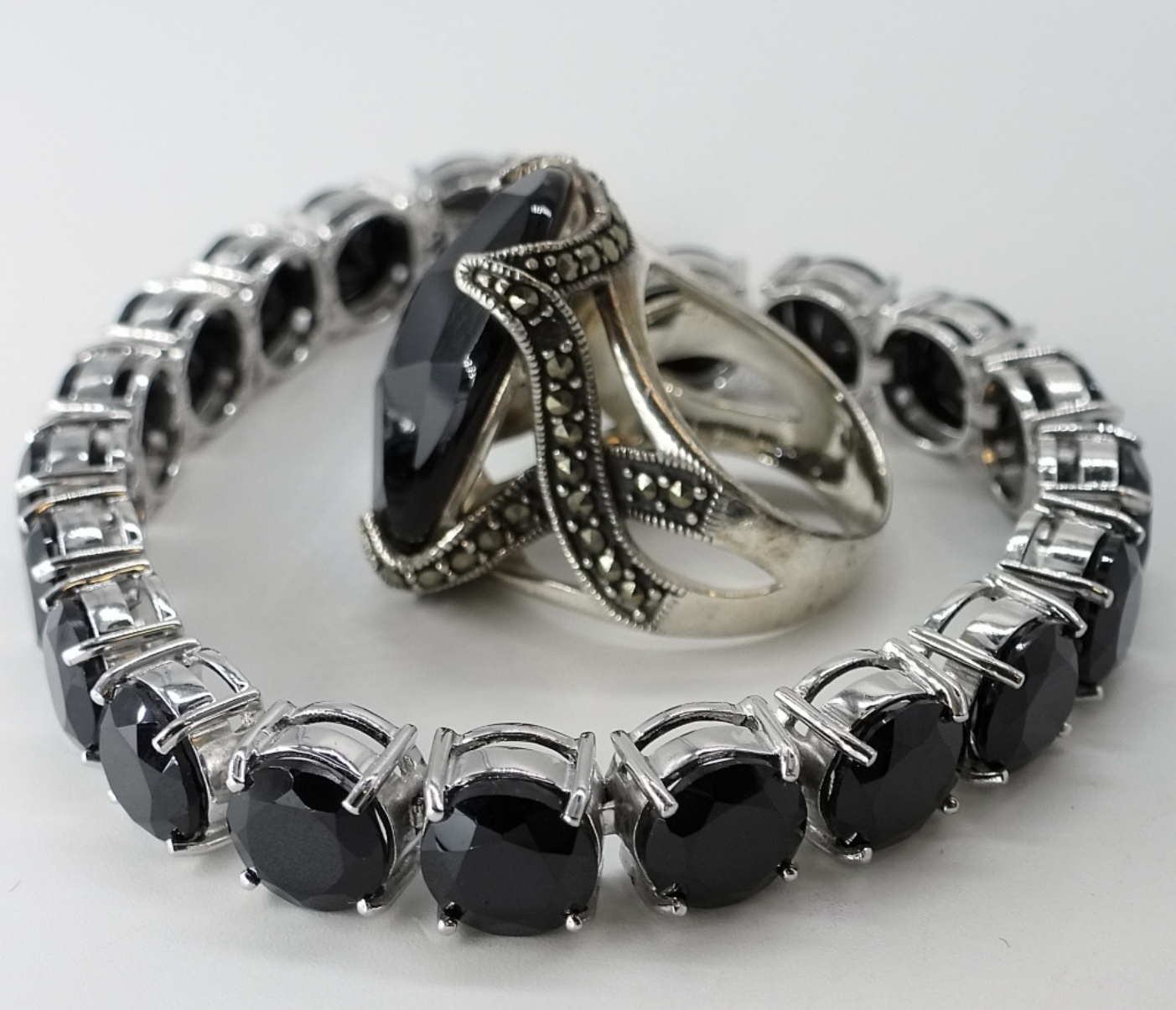 Sterling Silver Black Stone Bracelet & Ring Set