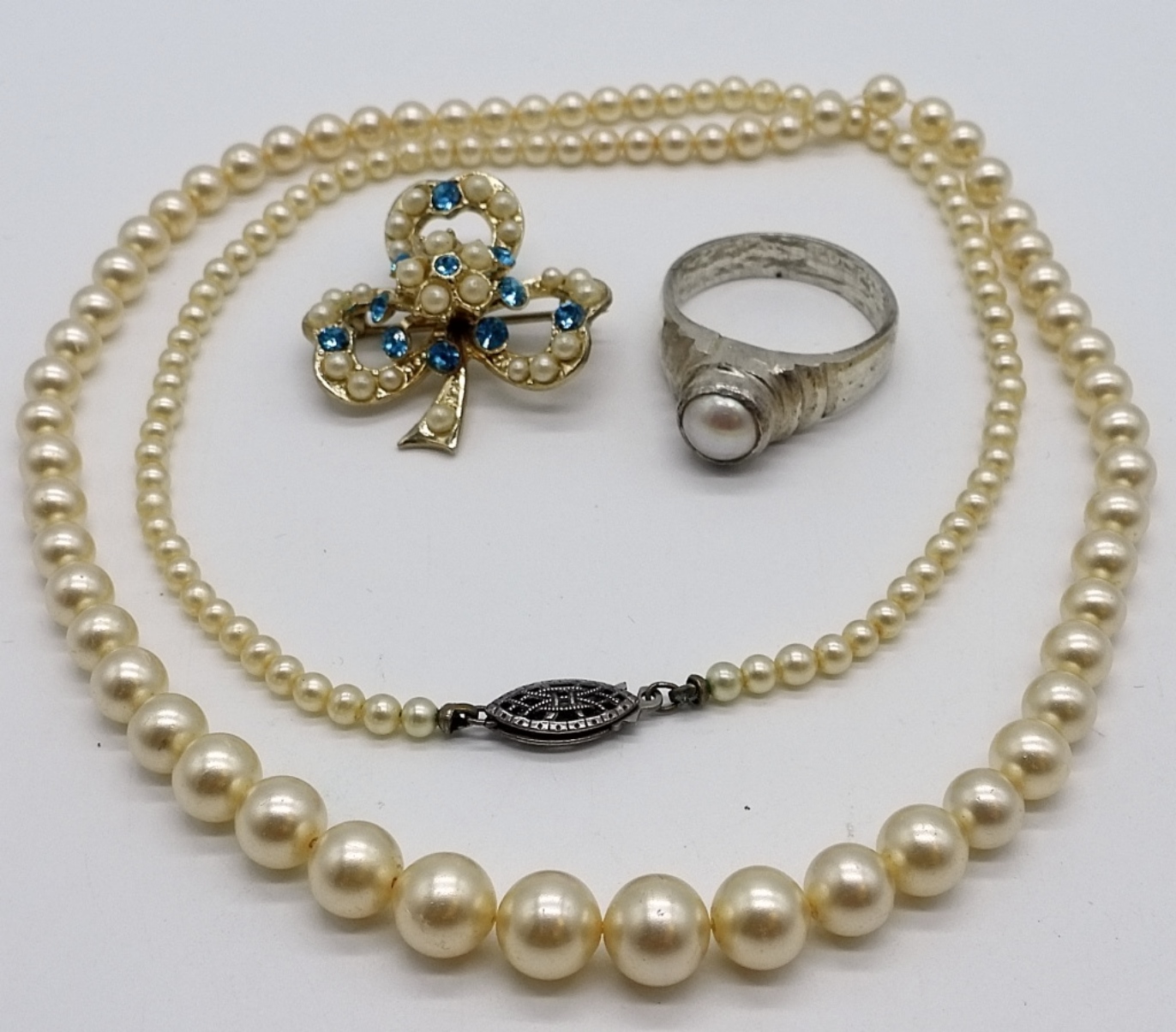 Coro Sterling Pearl Necklace, Ring & Pin
