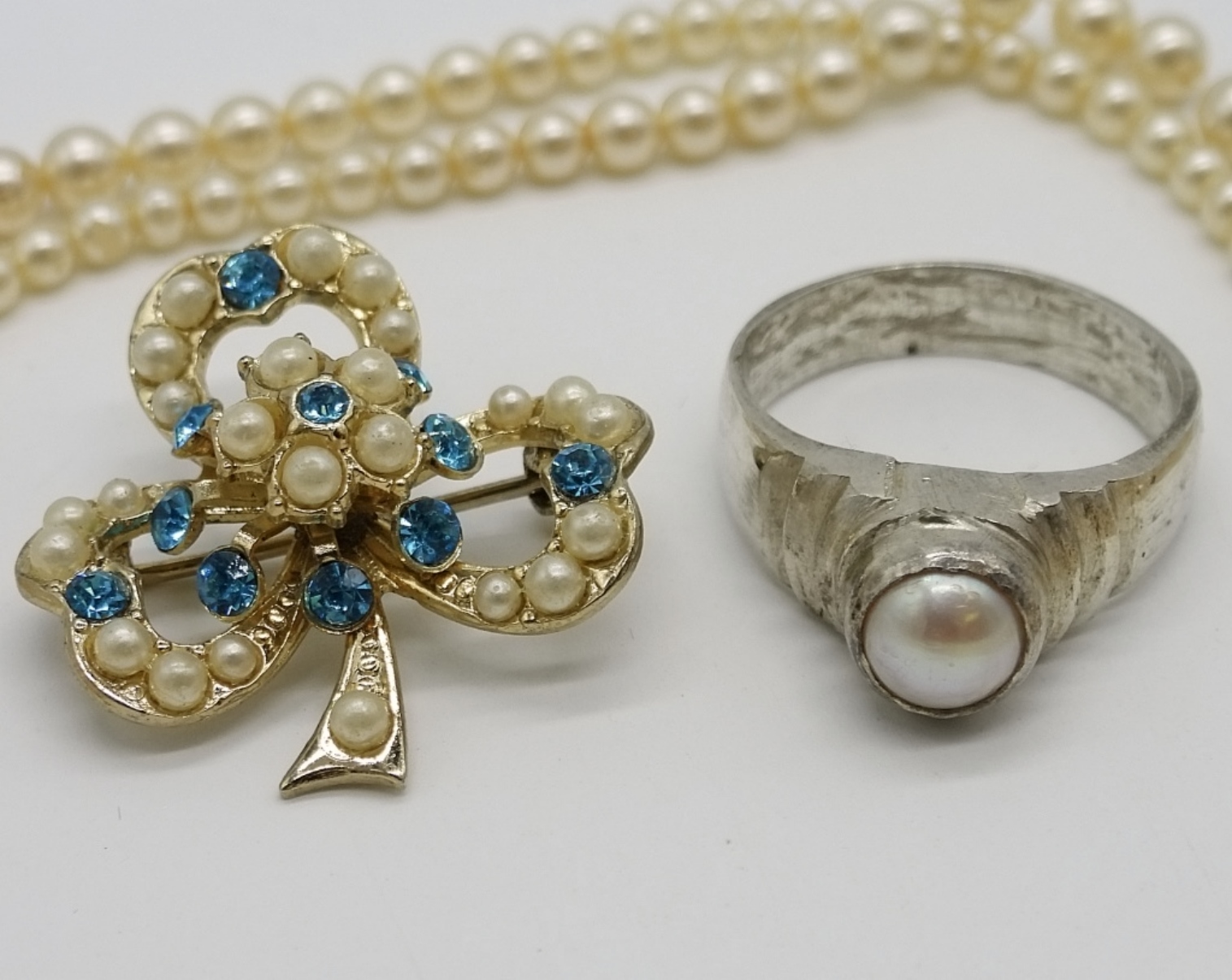 Coro Sterling Pearl Necklace, Ring & Pin
