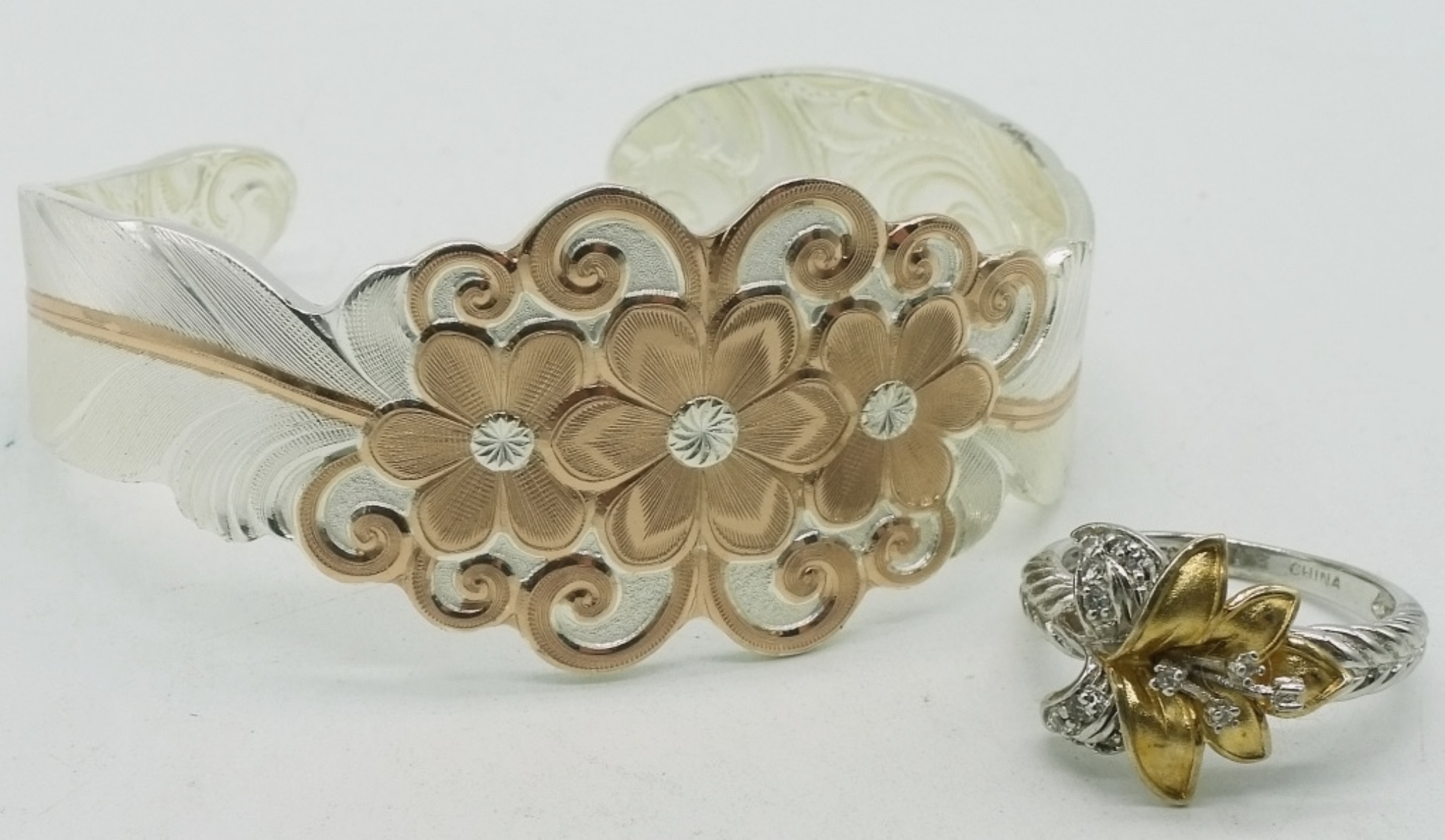Sterling Floral Cuff Bracelet & Ring