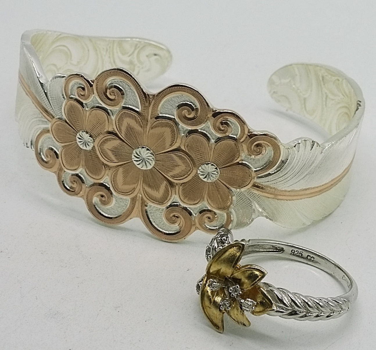 Sterling Floral Cuff Bracelet & Ring