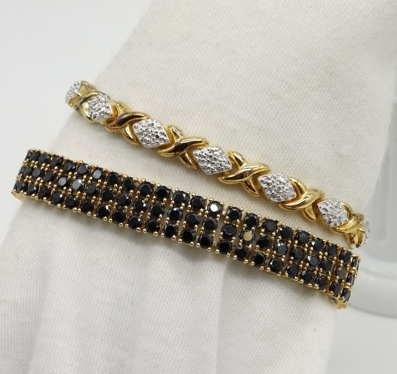 Two Gold-Tone Sterling Bracelets, Black/Clear