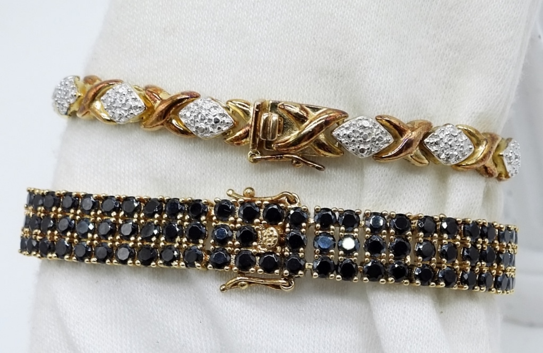 Two Gold-Tone Sterling Bracelets, Black/Clear