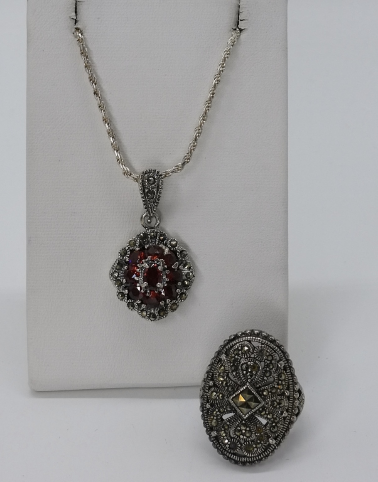 Sterling Garnet, Marcasite Ring & Necklace